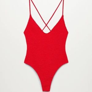 Mango cherry red wrap-back textured one piece swimsuit